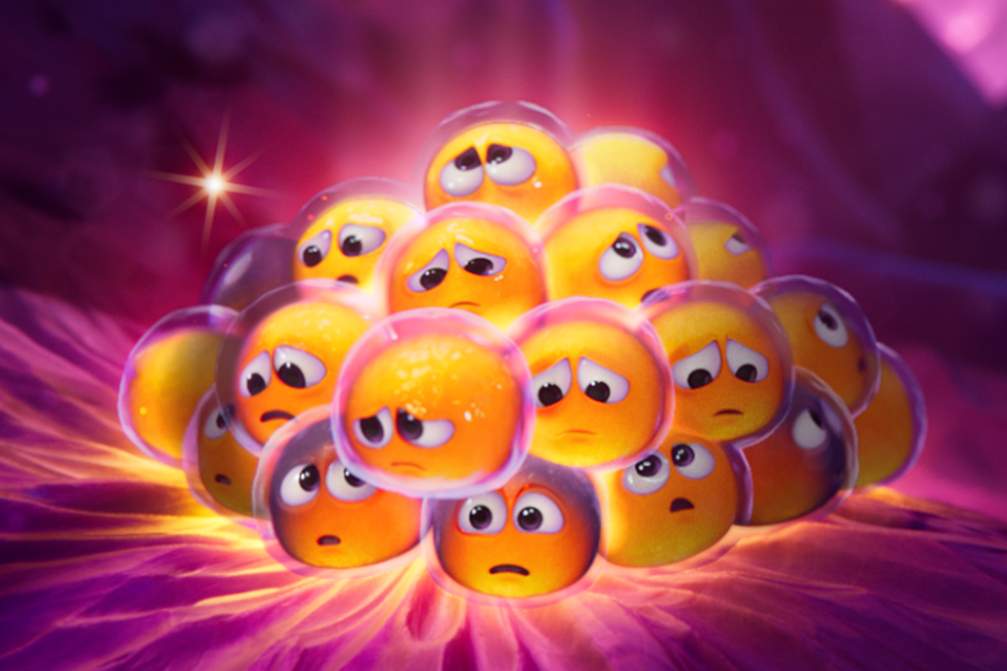 A zoomed out cluster of animated beta cells with worried expressions