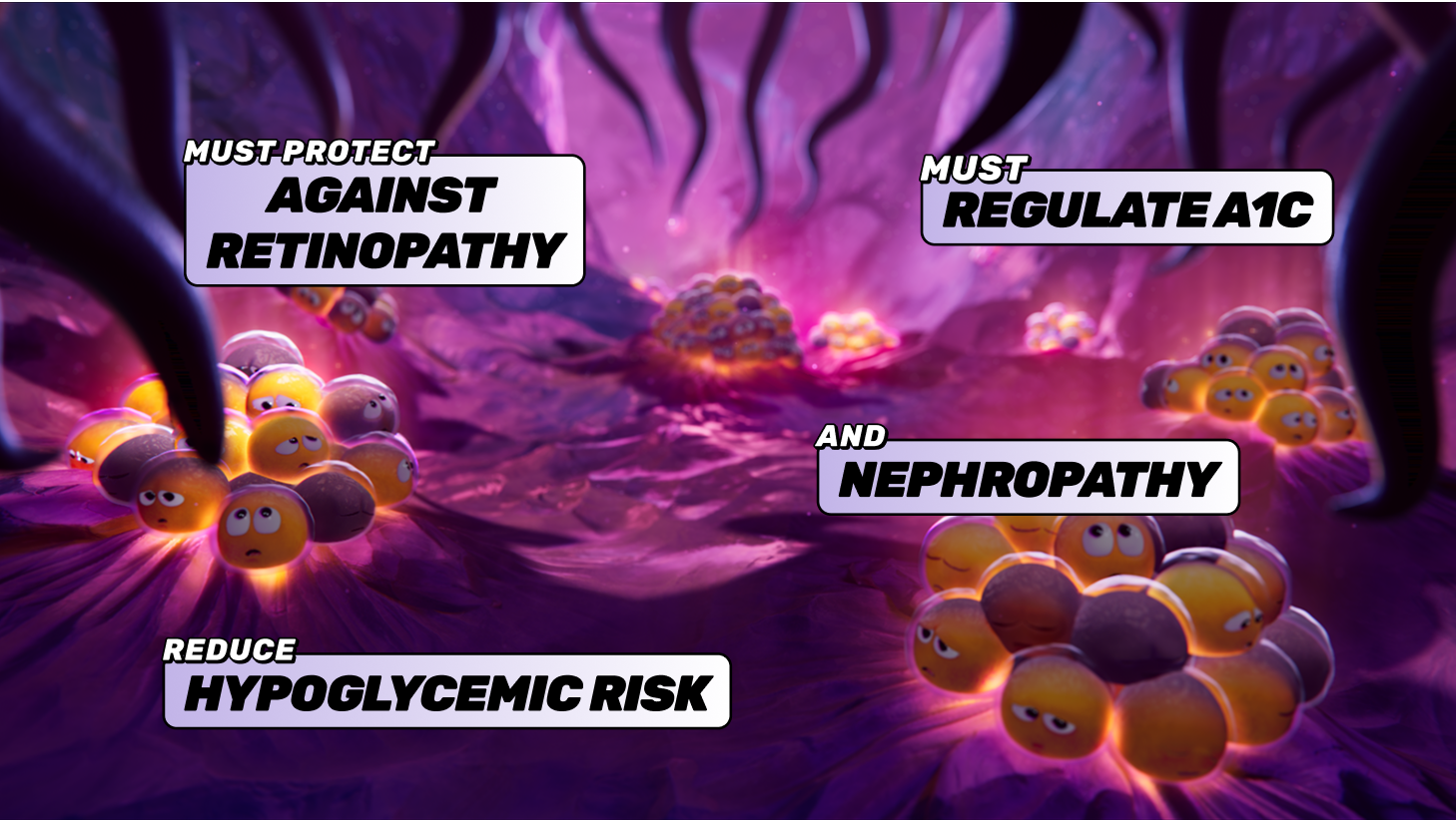 Clusters of animated beta cells; Must protect against retinopathy; Must regulate A1C; And nephropathy; Reduce hypoglycemic risk